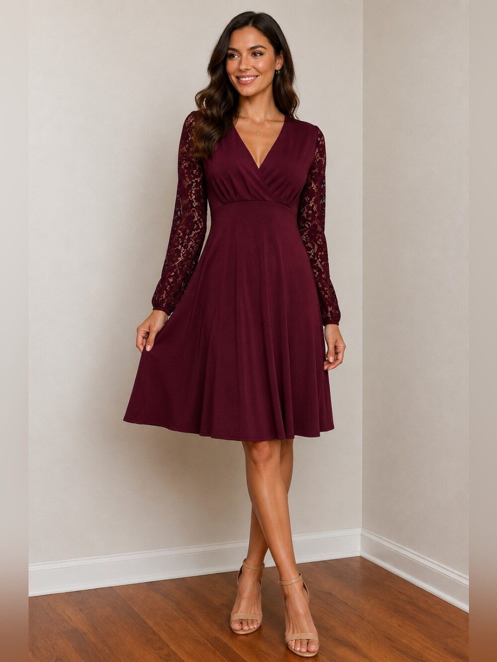 Ashley Graham Maroon Lace Sleeve A-line Dress